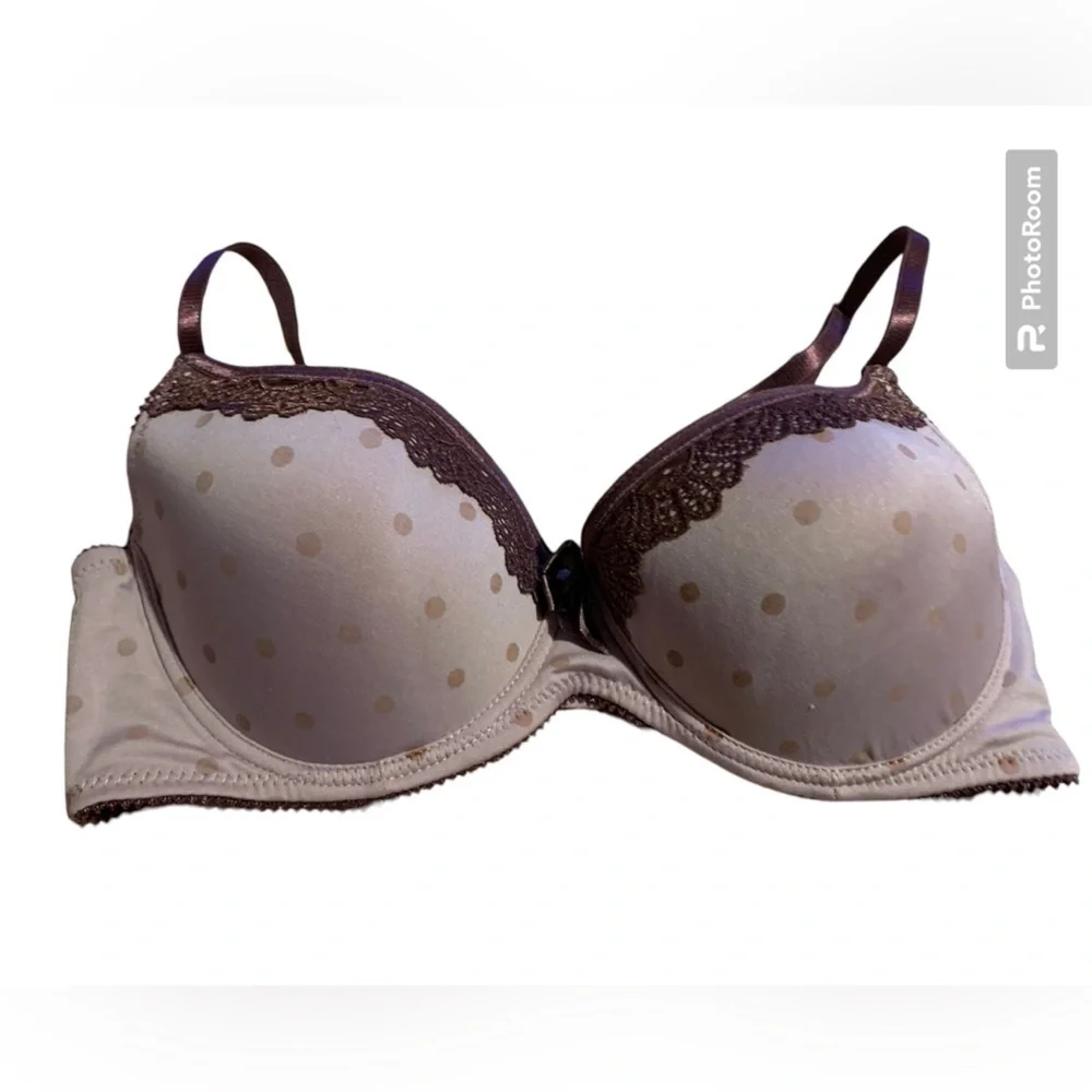 EUC Used 36D underwire Bra polka dot purple with lace trim and adjustable strap - Picture 1 of 4